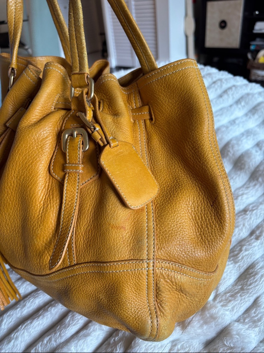 Prada Yellow-Tan Leather Drawstring Shoulder Bag - Picture 7 of 16